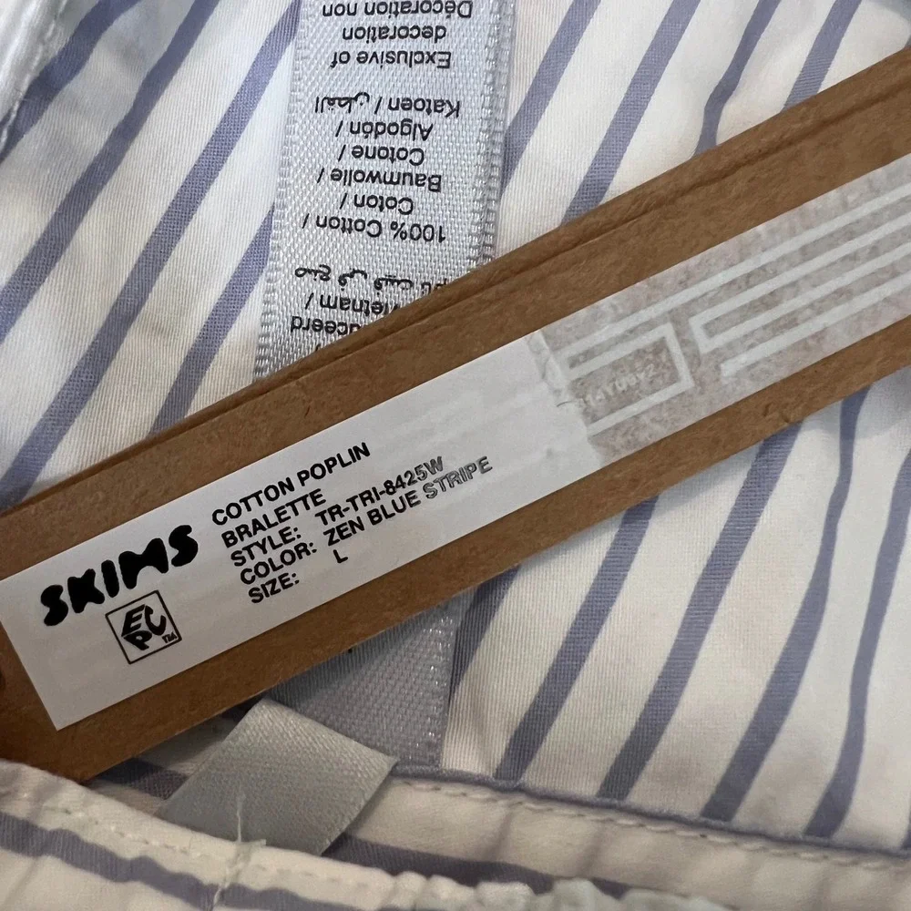 SKIMS Cotton Poplin Bralette Zen Blue Stripe TR-TRI-8425W Triangle Bra Large NWT - Picture 6 of 6